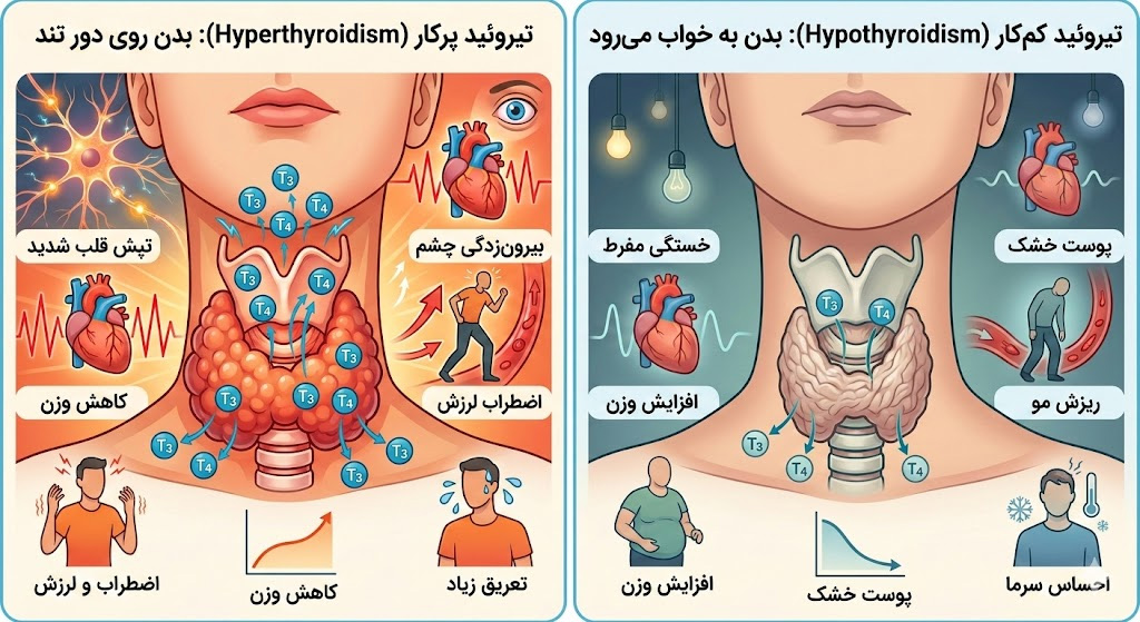 تفاوت تیروئید پرکار و تیروئید کم کار به زبان ساده